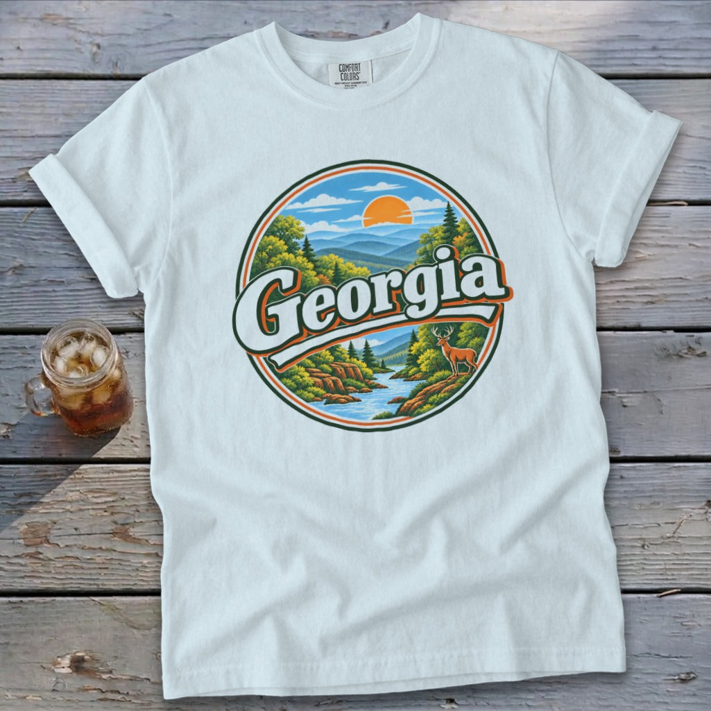White t-shirt with "Georgia" text and scenic landscape graphic.