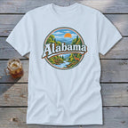 T-shirt with a circular graphic of Alabama landscape and text.