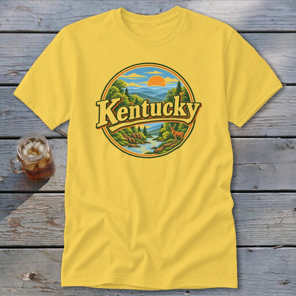 Yellow t-shirt with a circular graphic of a Kentucky landscape and deer.