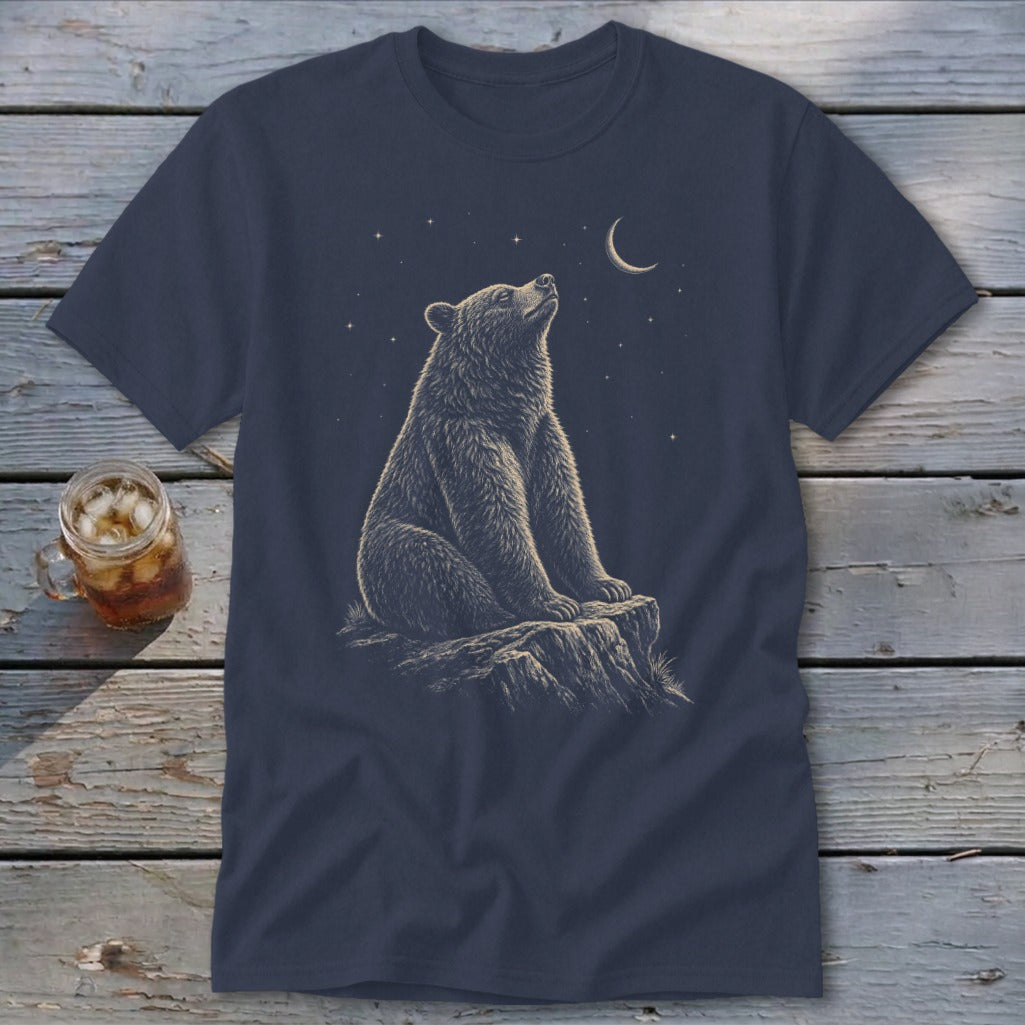 Bear sitting on rock looking up at crescent moon and stars