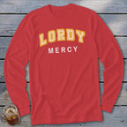 Red long-sleeve shirt with "LORDY MERCY" text across the chest.