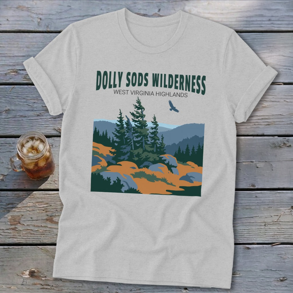 Light gray crewneck t-shirt featuring a stylized graphic of Dolly Sods Wilderness with evergreen trees and text.