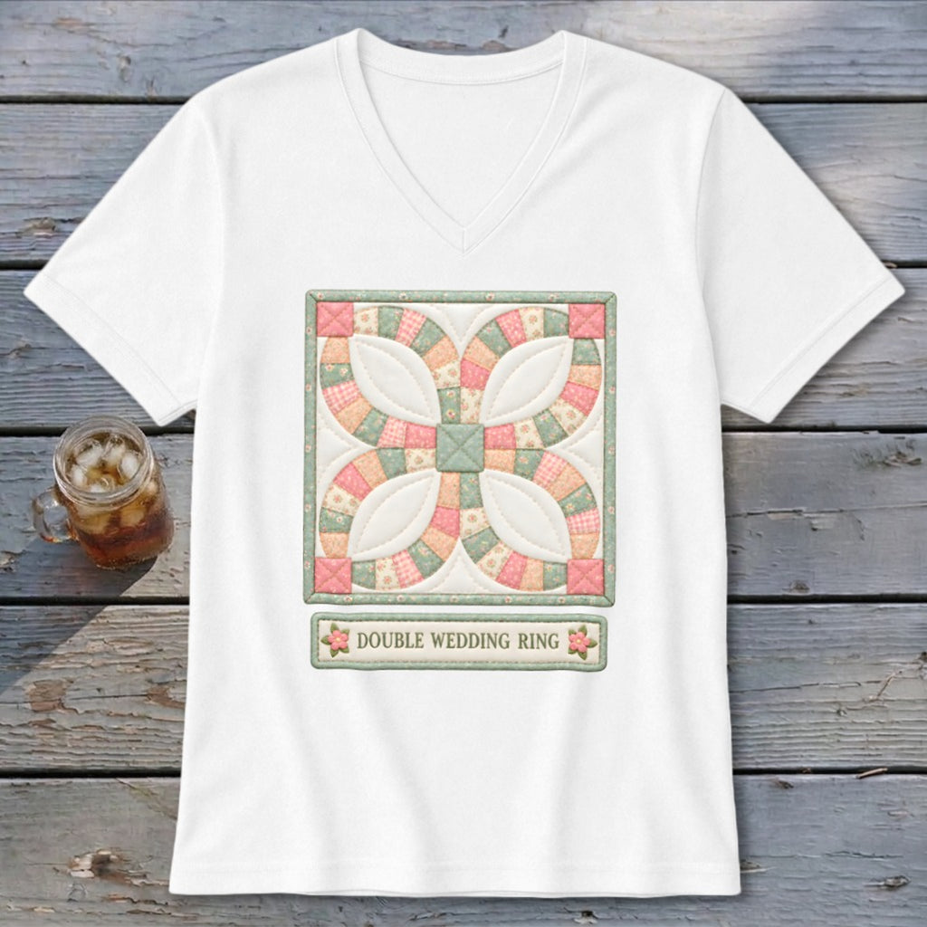 White t-shirt with a quilted Double Wedding Ring pattern and text.