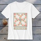 White t-shirt with a quilted Double Wedding Ring pattern and text.