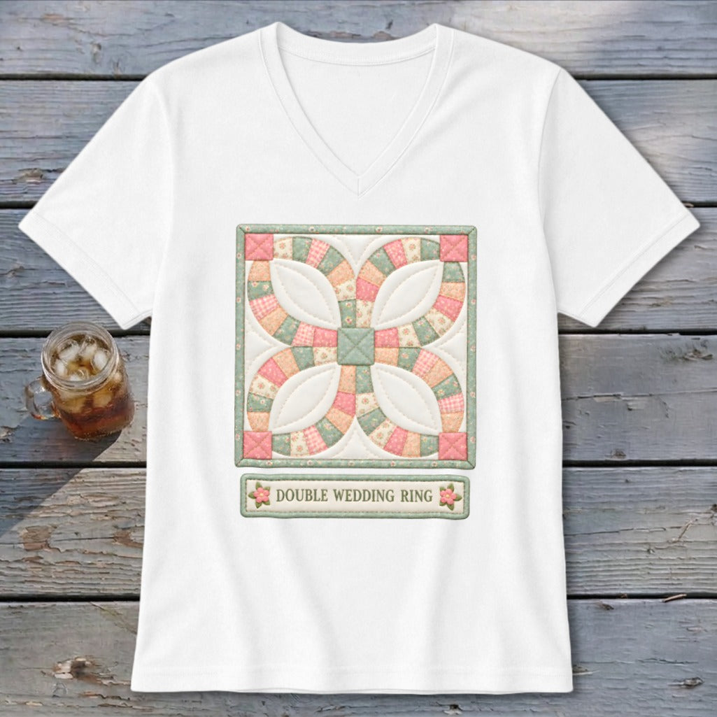 White t-shirt with a quilted Double Wedding Ring pattern and text.