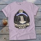 Light purple t-shirt with a moonbow, waterfall, trees, and text "MOONBOW NIGHT".