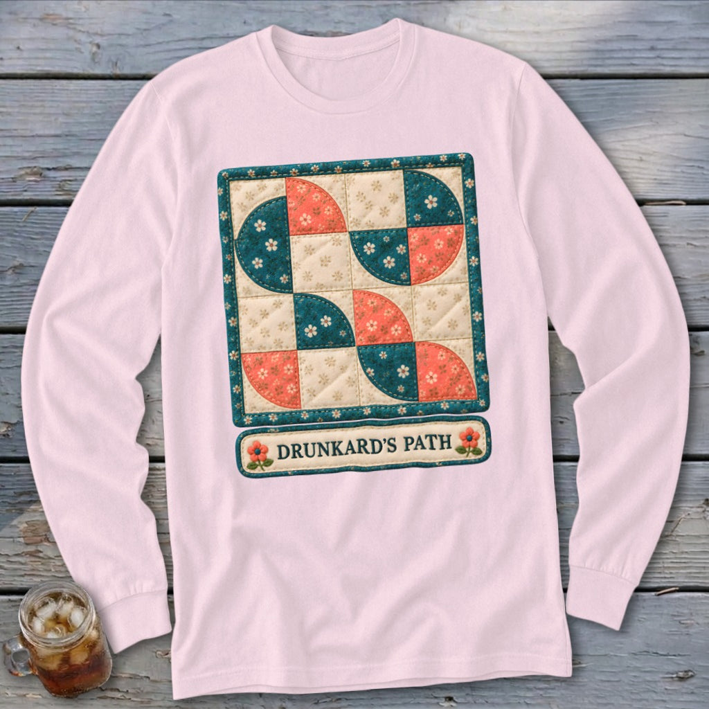 Pink long sleeve shirt with a quilt design and "DRUNKARD'S PATH" text.
