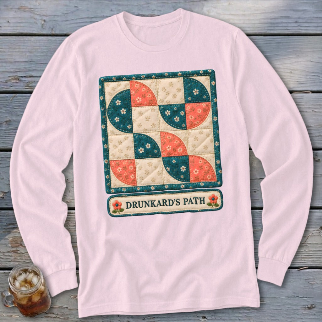 Pink long sleeve shirt with a quilt design and "DRUNKARD'S PATH" text.