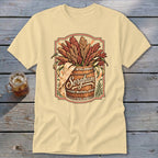 Sorghum design on a cream t-shirt with a barrel and sorghum stalks.