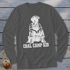 Long-sleeve shirt with white graphic of a boy in overalls and cap holding a bucket, text reads "COAL CAMP KID".