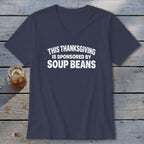 Dark blue v-neck t-shirt featuring the white text "This Thanksgiving is sponsored by soup beans."