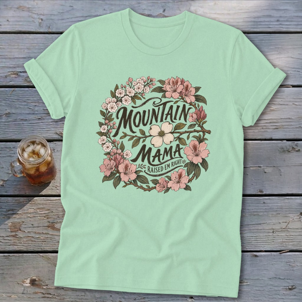 Mint t-shirt with floral wreath design reading "MOUNTAIN MAMA RAISED EM RIGHT".