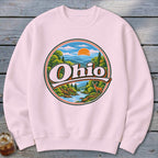Pink sweatshirt with a circular Ohio graphic featuring a landscape, river, and deer.