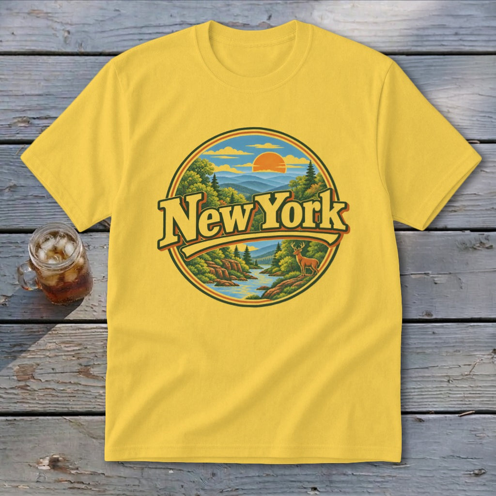 Yellow t-shirt with a circular graphic depicting a scenic New York landscape and deer.