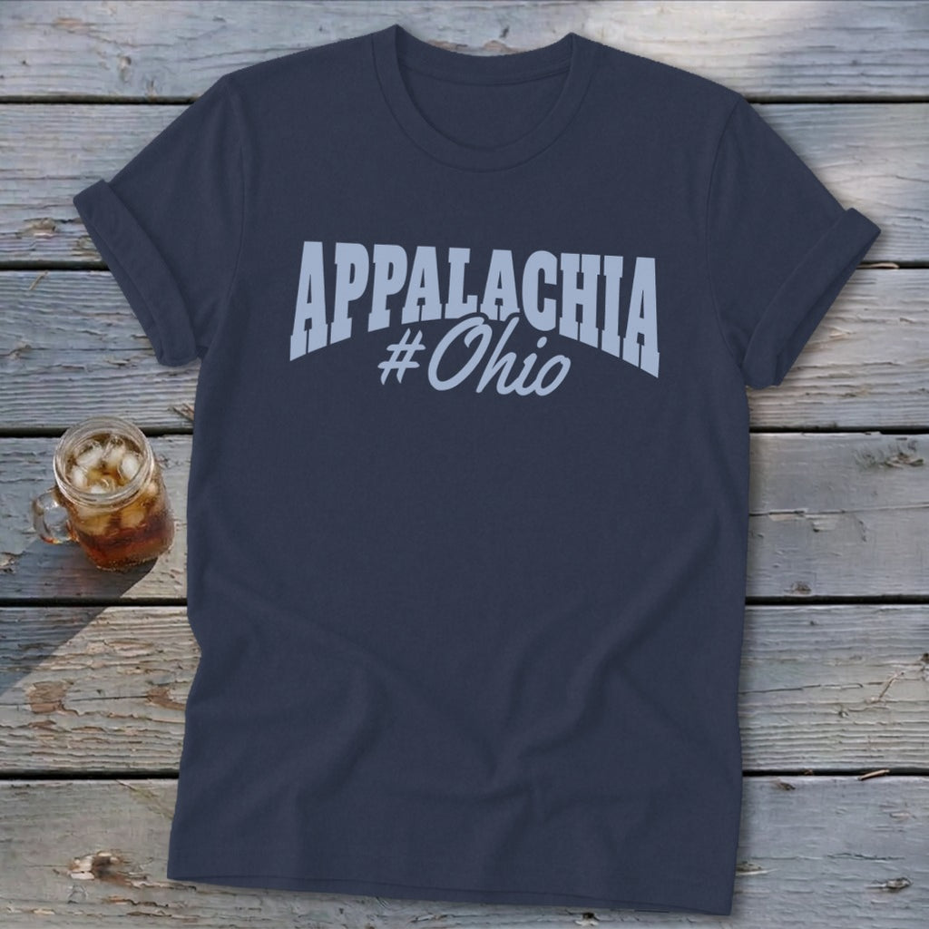 Navy t-shirt with "APPALACHIA #Ohio" graphic and iced drink.