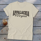 Light cream t-shirt with "APPALACHIA #Virginia" in black stylized text.