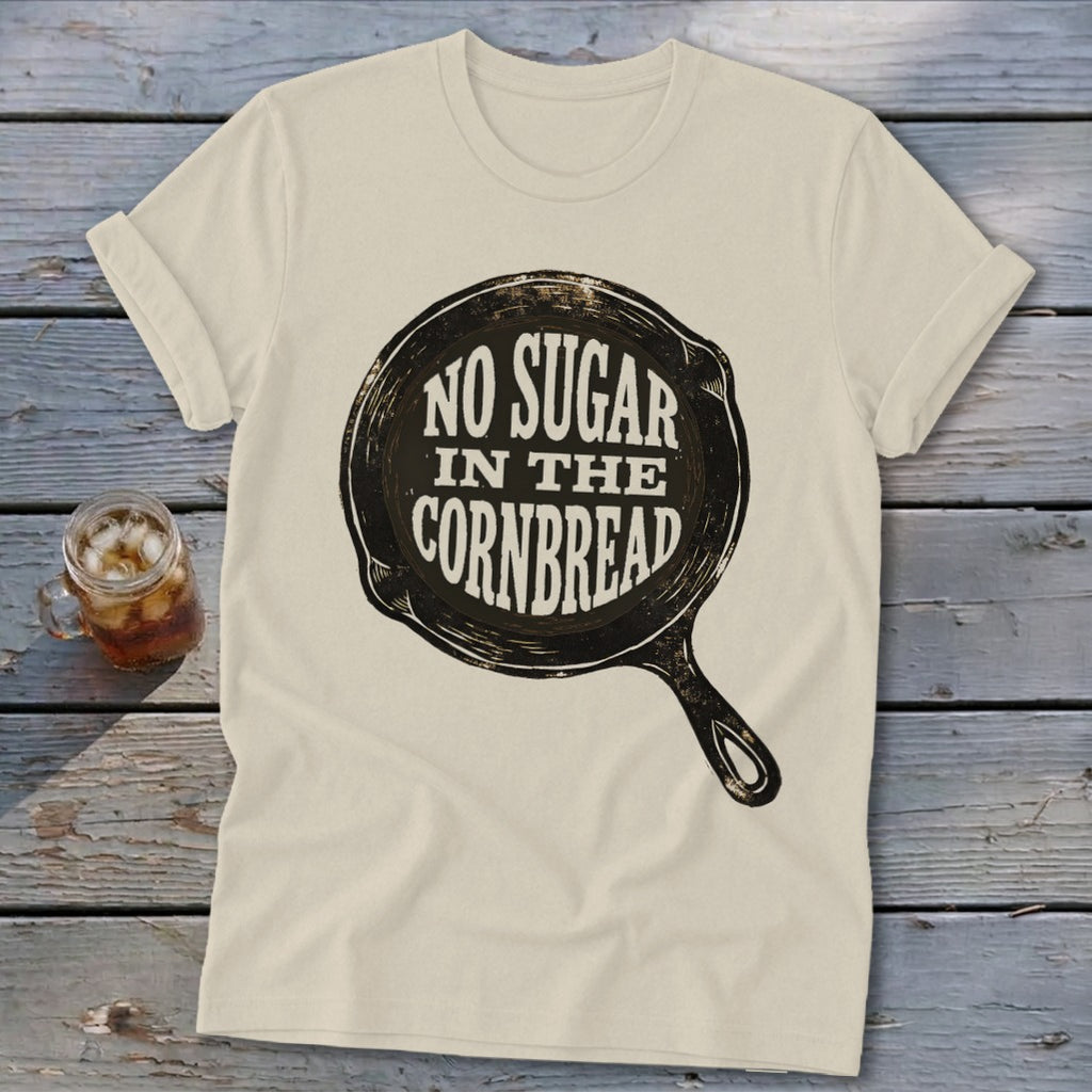 Cream t-shirt with "NO SUGAR IN THE CORNBREAD" text inside a cast iron skillet.