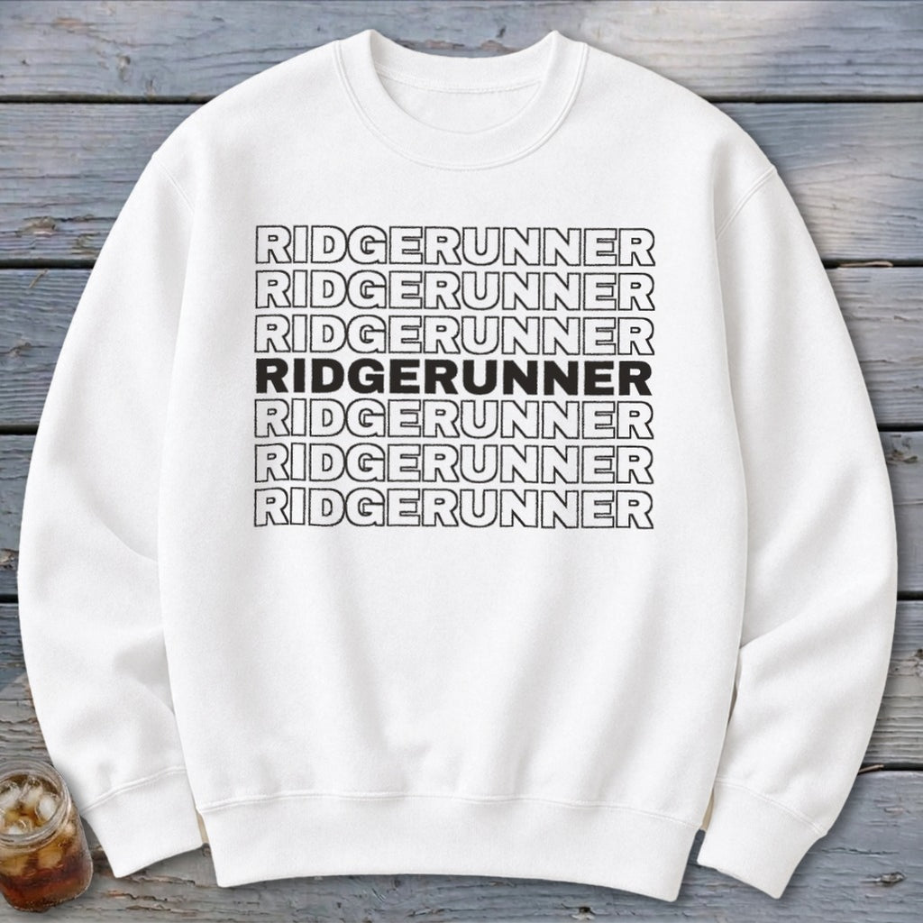 White sweatshirt with black text repeating "RIDGERUNNER" stacked vertically.
