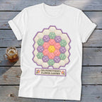 White t-shirt with Grandmother's Flower Garden quilt design and text.