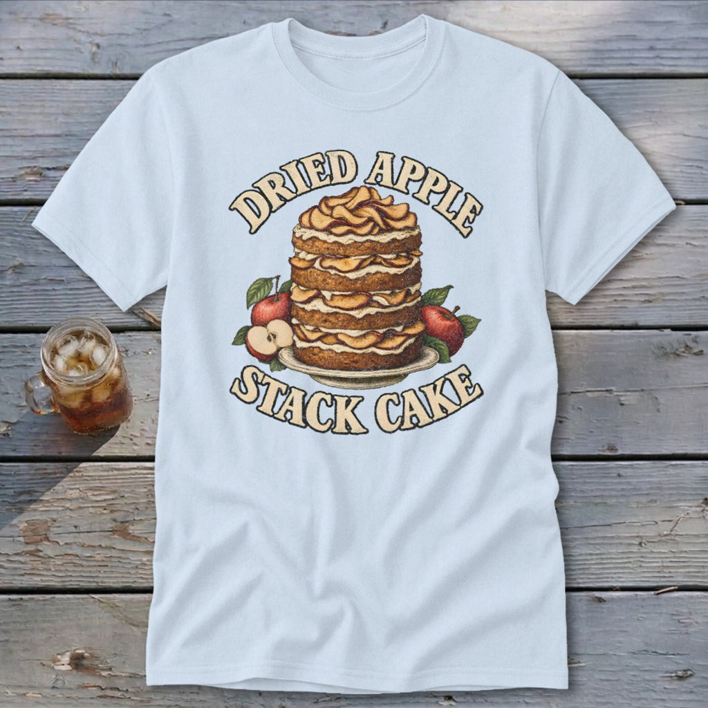 Light blue t-shirt with "Dried Apple Stack Cake" graphic of a layered cake and apples.