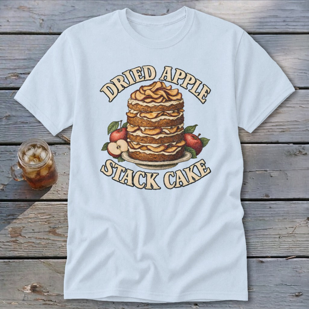 Light blue t-shirt with "Dried Apple Stack Cake" graphic of a layered cake and apples.