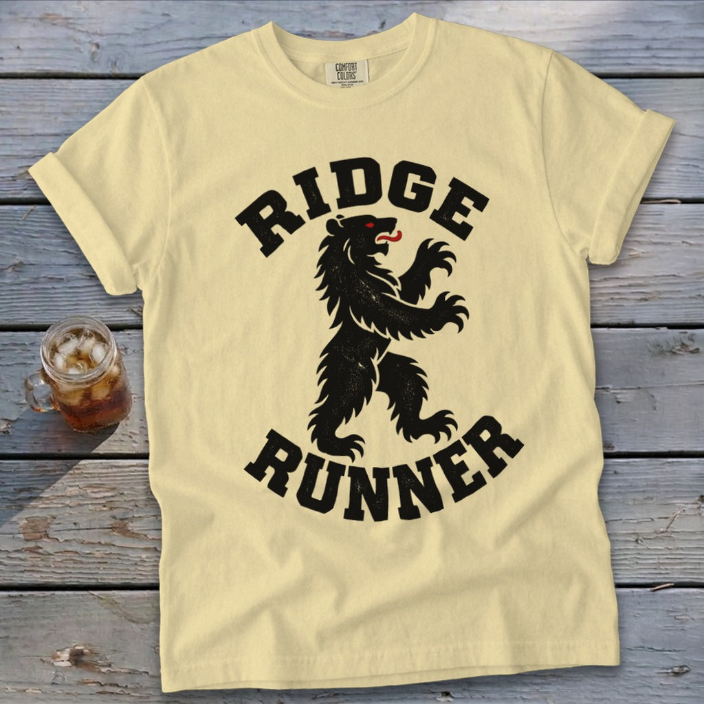 Yellow t-shirt with black text "RIDGE RUNNER" and a black bear graphic.