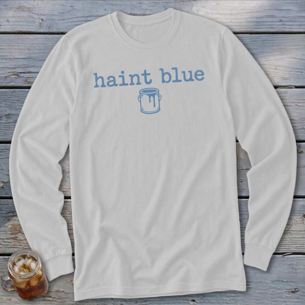 White long sleeve shirt with "haint blue" text and paint can graphic.