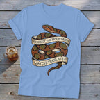 Light blue t-shirt with a coiled snake and banner text "RESPECT THE MOUNTAINS WATCH YOUR STEP".