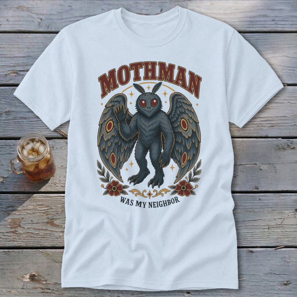 White t-shirt with Mothman graphic and text "Mothman Was My Neighbor".