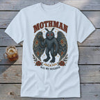 White t-shirt with Mothman graphic and text "Mothman Was My Neighbor".