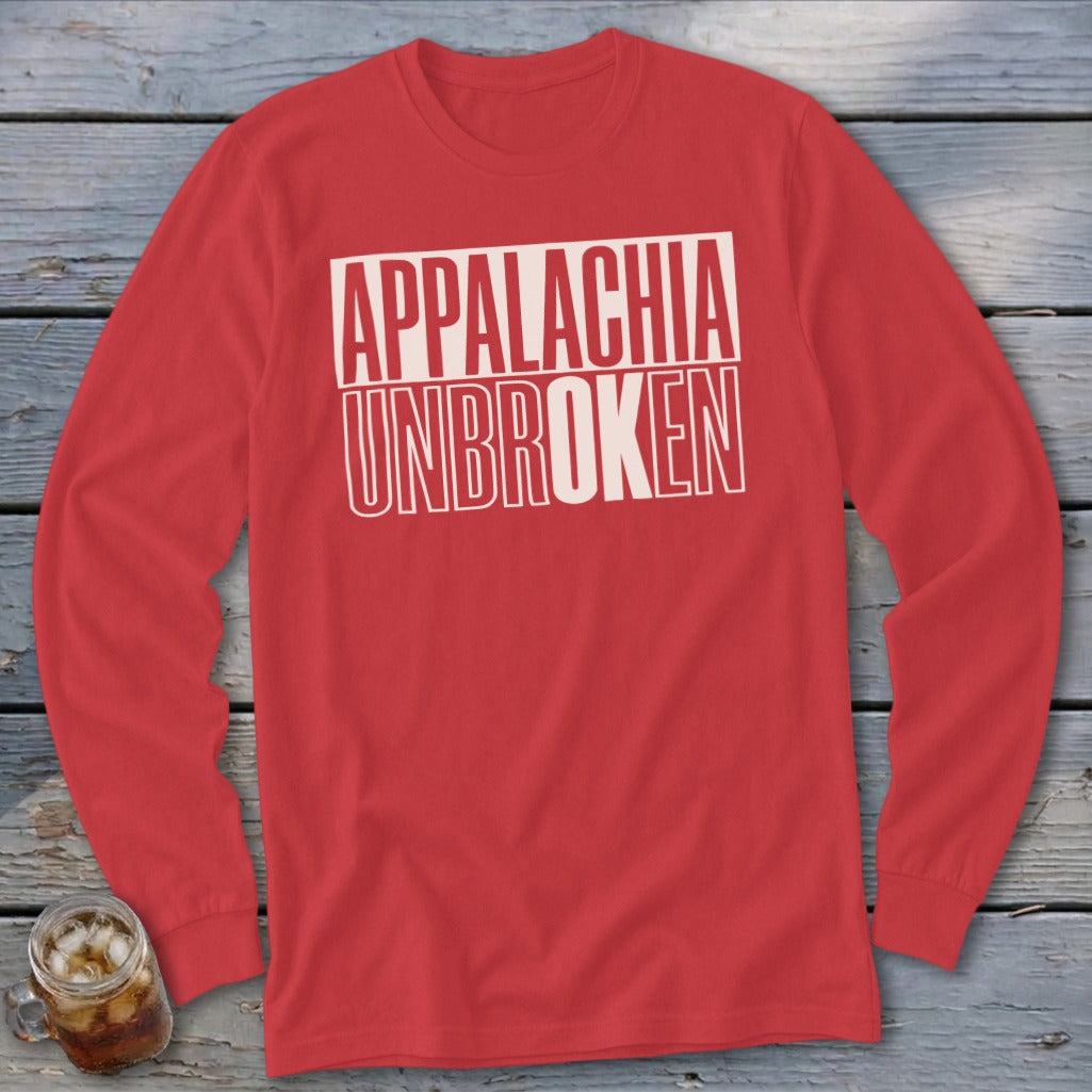 Red long-sleeve shirt with "APPALACHIA UNBROKEN" text in white.