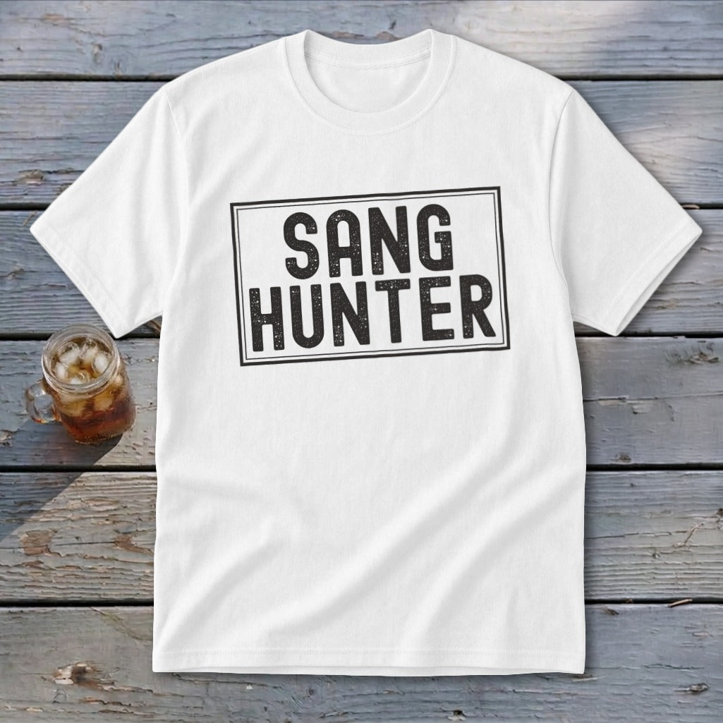 White t-shirt with black "SANG HUNTER" text in a distressed rectangle.