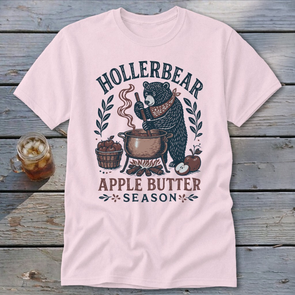 Bear making apple butter with "HOLLERBEAR APPLE BUTTER SEASON" text.
