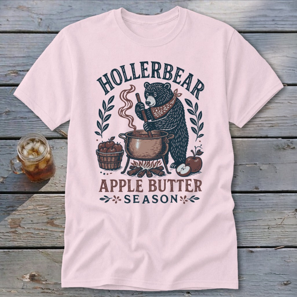 Bear making apple butter with "HOLLERBEAR APPLE BUTTER SEASON" text.