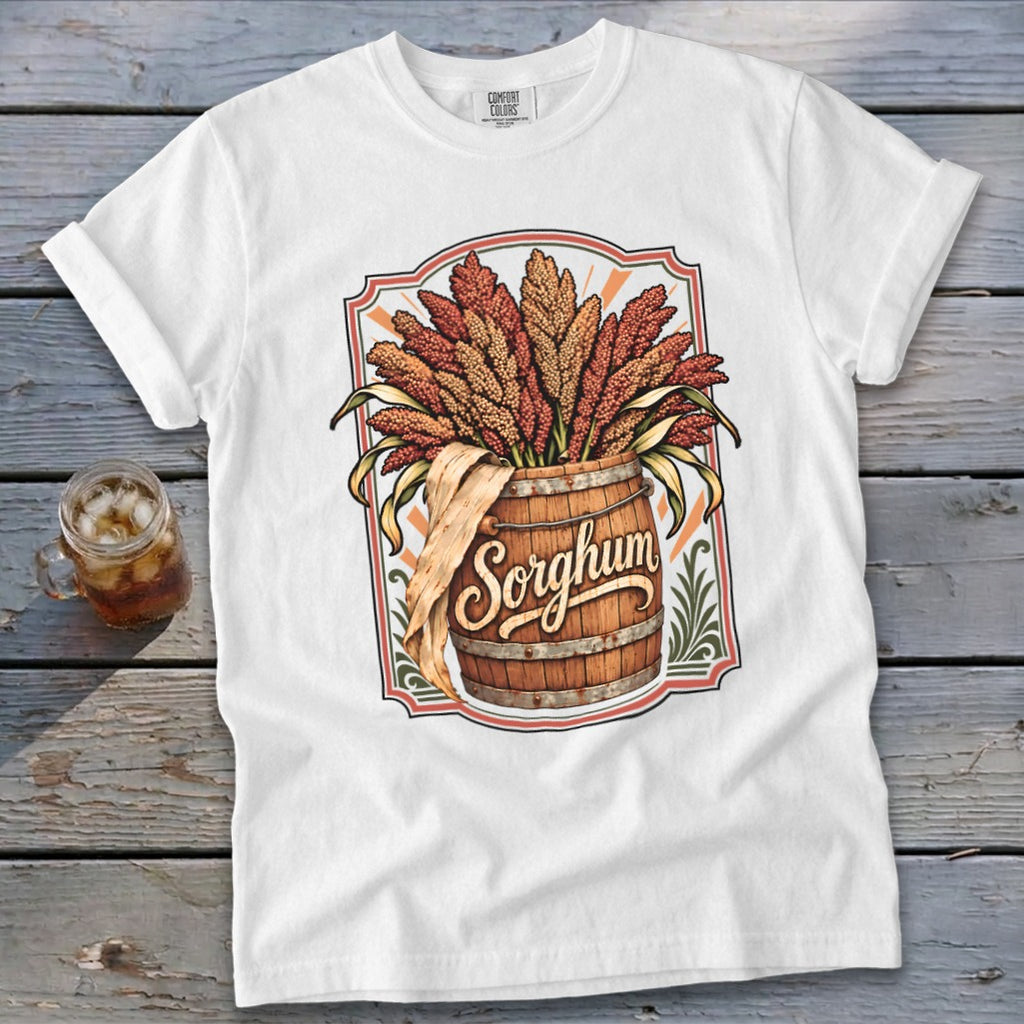 White t-shirt with a barrel of sorghum graphic and the word "Sorghum".