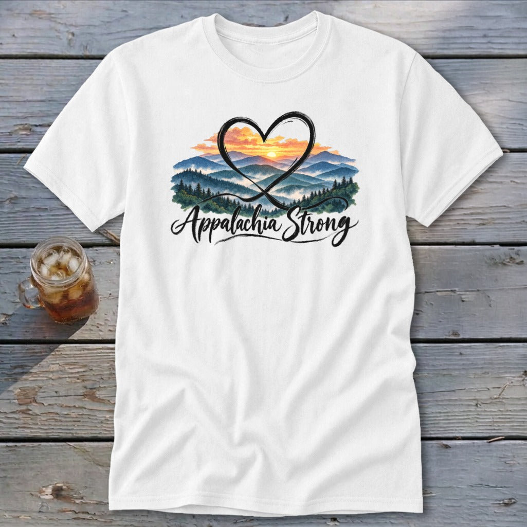 White t-shirt with watercolor mountains, heart, and "Appalachia Strong" text.