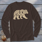 Brown long-sleeve shirt featuring a tan bear graphic with the word Appalachia written across it.