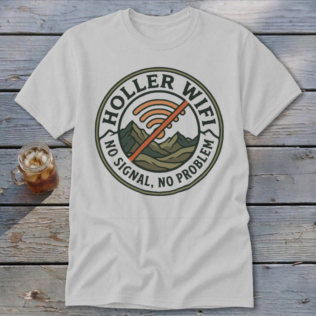 White t-shirt with "Holler Wifi, No Signal, No Problem" emblem and crossed-out wifi symbol.