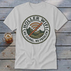 White t-shirt with "Holler Wifi, No Signal, No Problem" emblem and crossed-out wifi symbol.