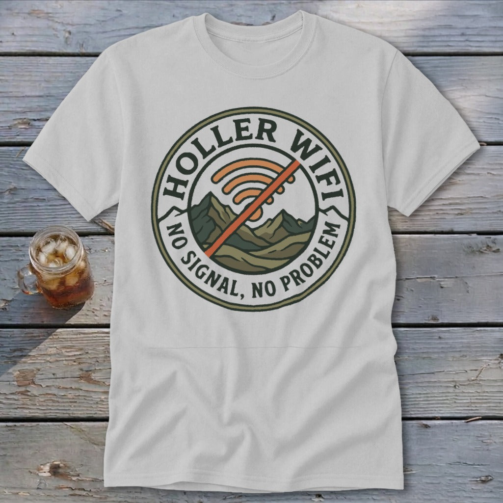 White t-shirt with "Holler Wifi, No Signal, No Problem" emblem and crossed-out wifi symbol.