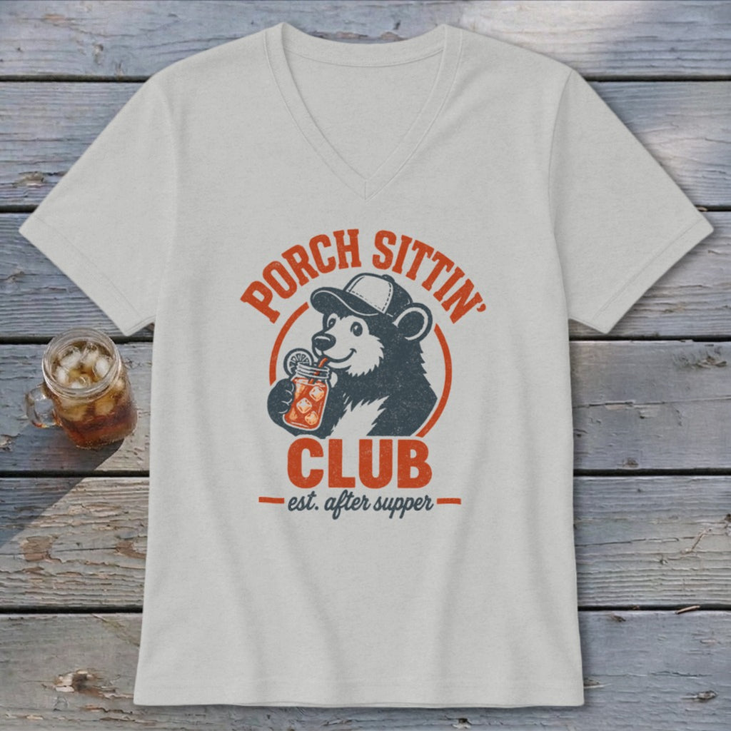 T-shirt with a bear wearing a cap, drinking from a mason jar, and text "Porch Sittin Club".