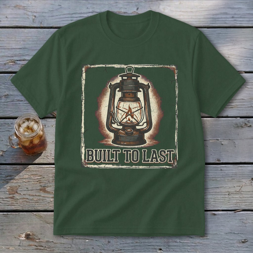 Green t-shirt with vintage lantern graphic and text "BUILT TO LAST".