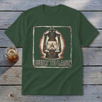 Green t-shirt with vintage lantern graphic and text "BUILT TO LAST".