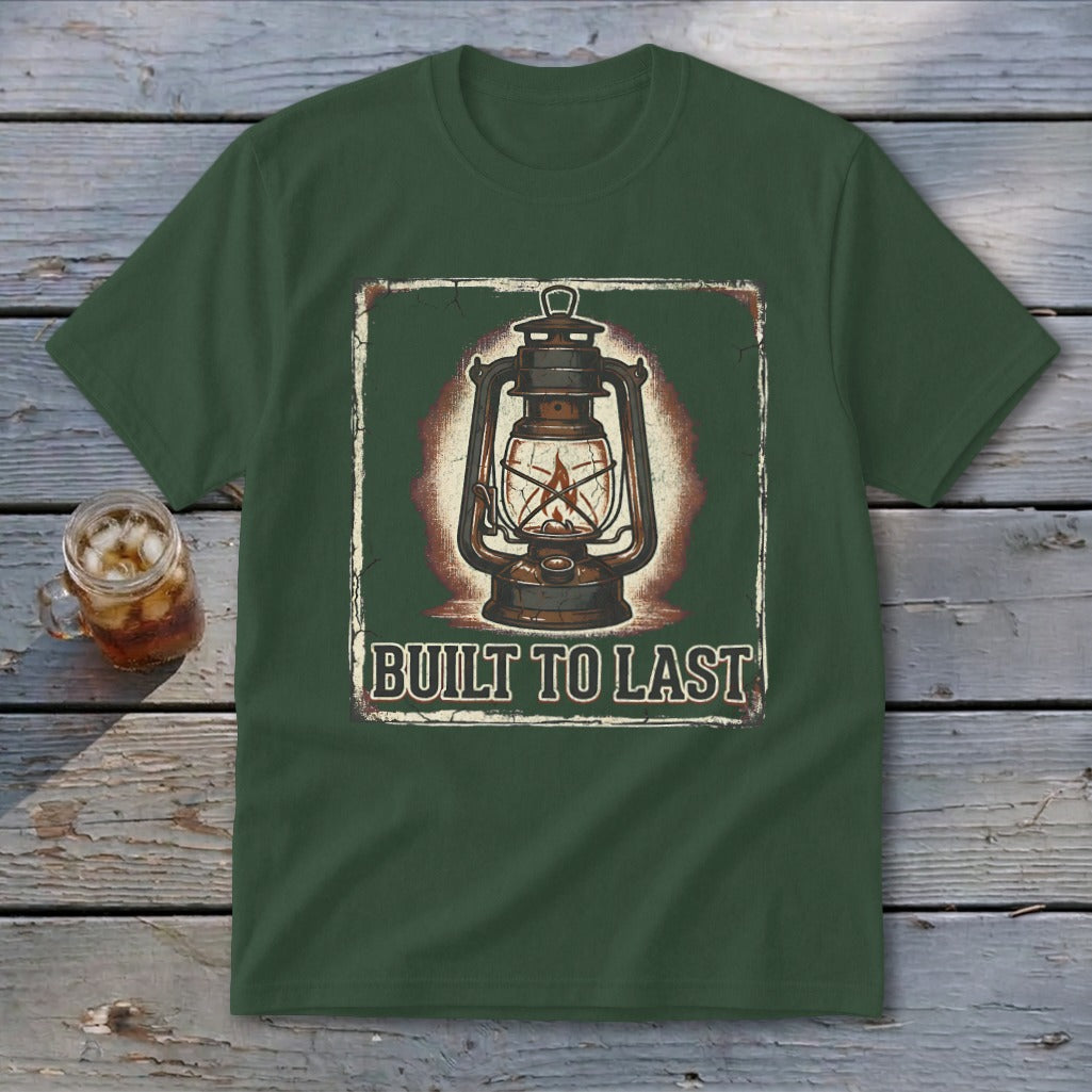 Green t-shirt with vintage lantern graphic and text "BUILT TO LAST".
