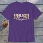 Purple v-neck t-shirt with "APPALACHIA #Maryland" text on chest.