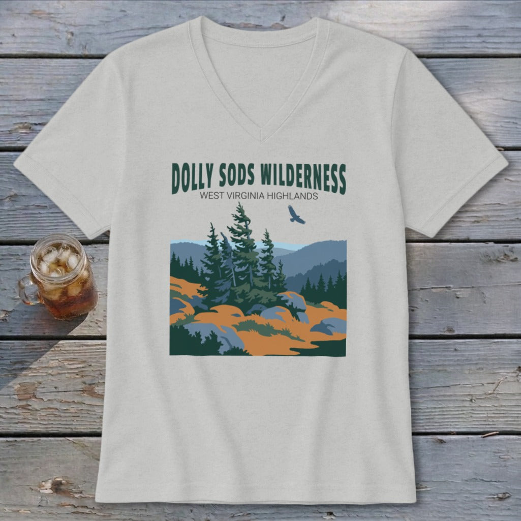 Light gray V-neck T-shirt featuring a retro graphic of Dolly Sods Wilderness with mountains, evergreens, and text.