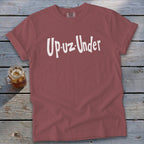 Rose t-shirt with white "Up-uz-Under" graphic and Comfort Colors tag.