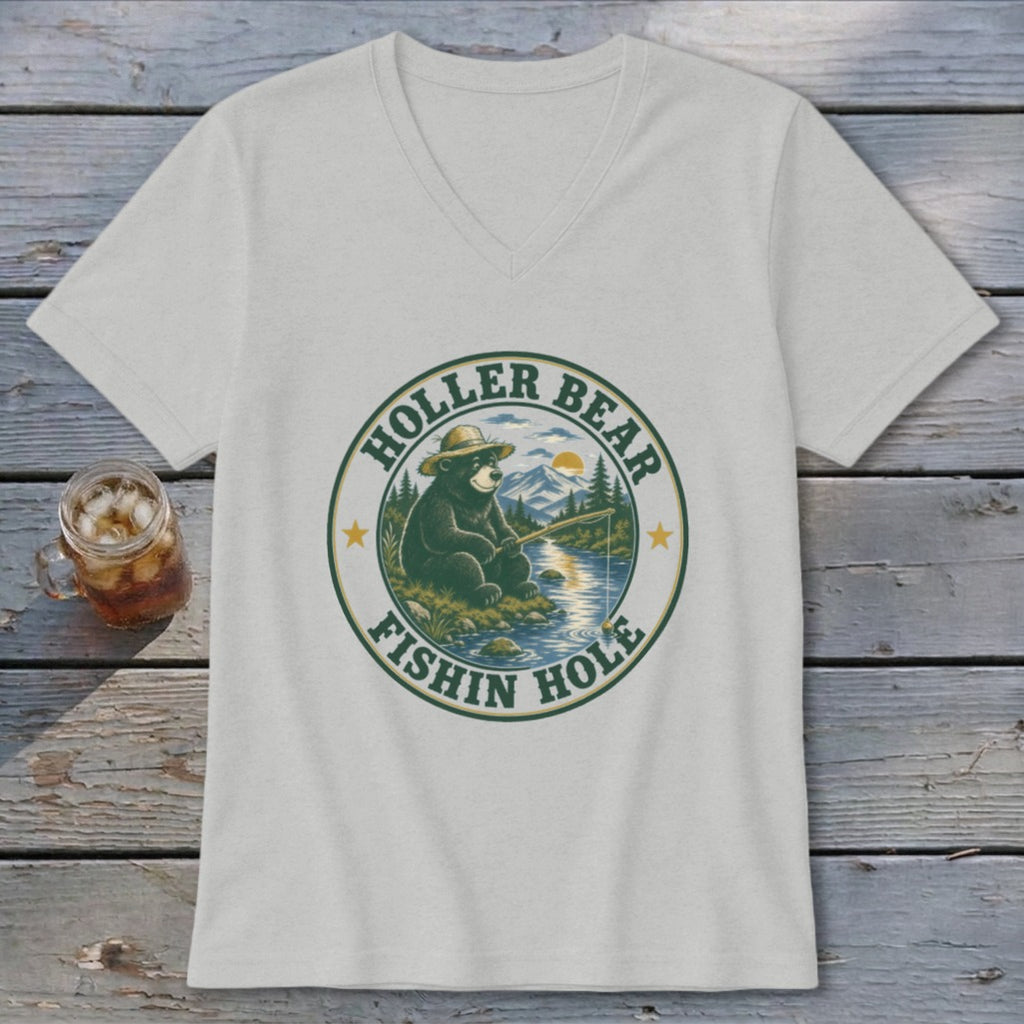 T-shirt with a circular graphic of a bear fishing by a lake, reading "Holler Bear Fishin Hole".