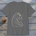 Bear blowing dandelion seeds on a grey v-neck t-shirt.