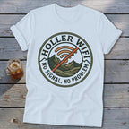 White t-shirt with "Holler Wifi, No Signal, No Problem" text and a crossed-out Wi-Fi symbol.